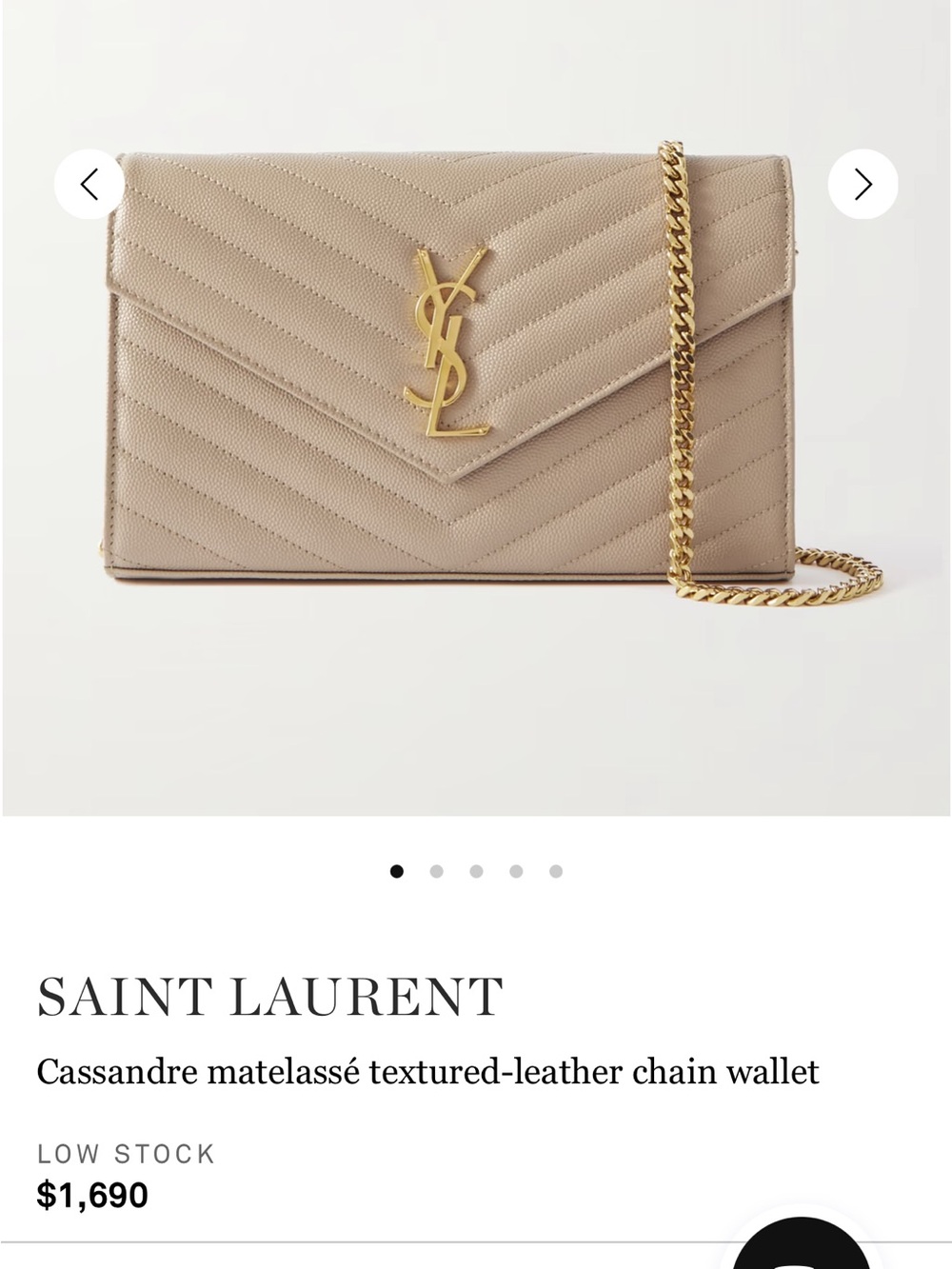 Saint Laurent Cassandre Taupe Matelassé Leather Chain Wallet